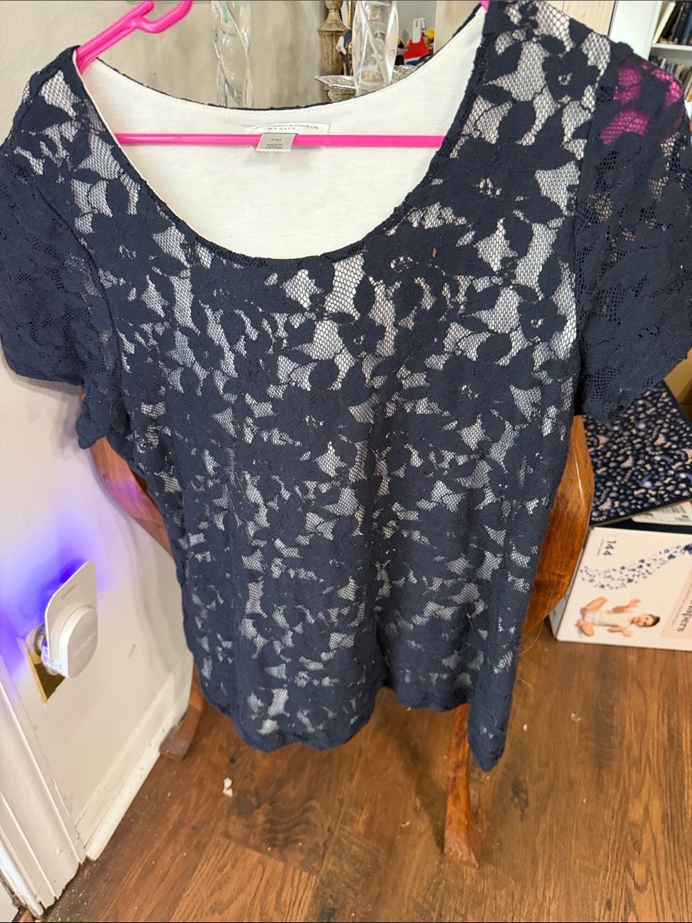 Christopher & Banks Navy Floral Lace Short Sleeve Top